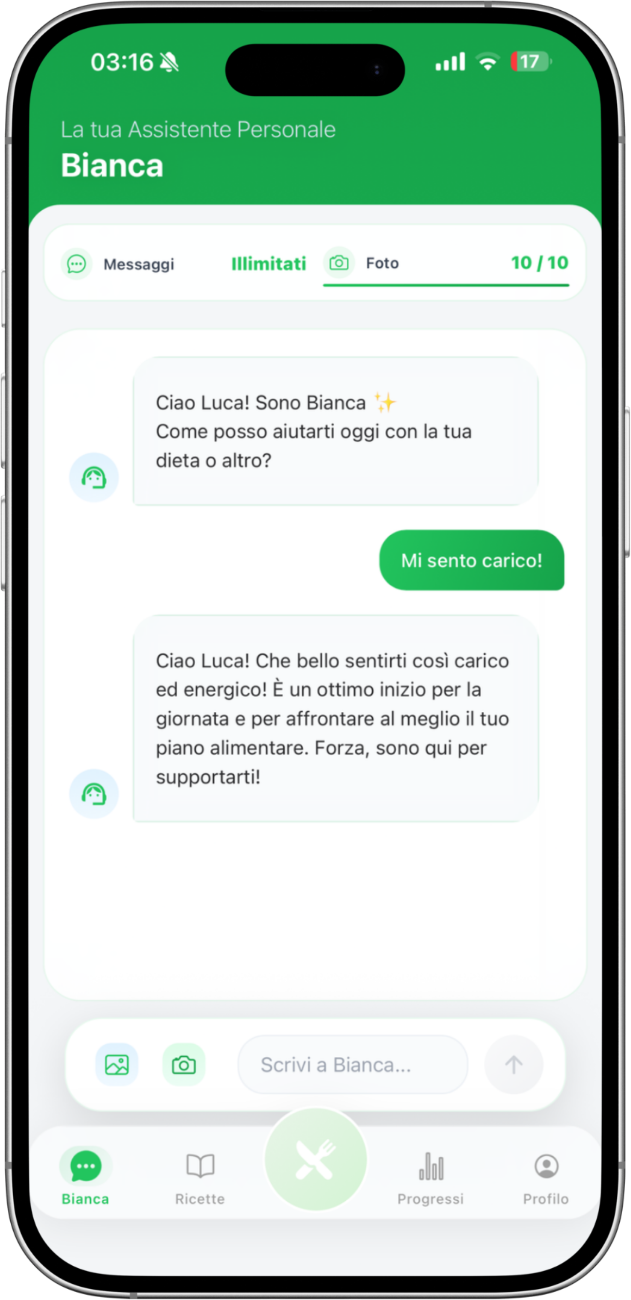 Schermata della chat di DietApp: l'assistente Bianca risponde a un messaggio dell'utente sul piano alimentare della giornata.