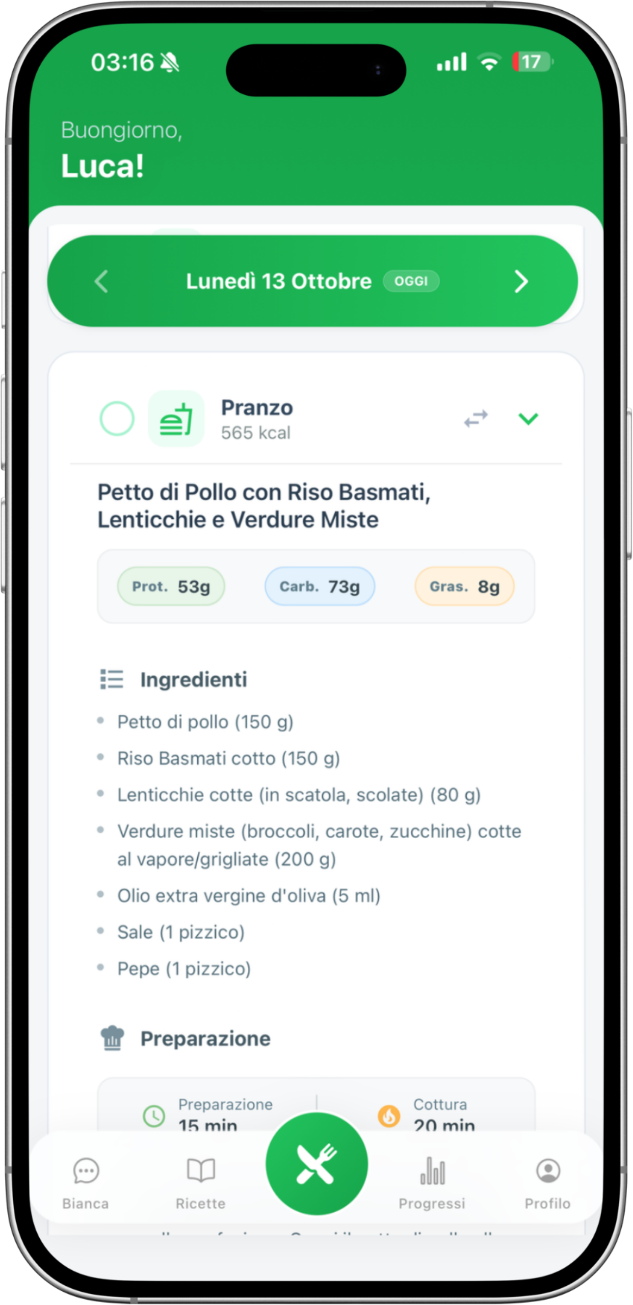 Schermata del piano alimentare di DietApp: il pranzo del giorno con calorie, proteine, carboidrati, grassi, la lista degli ingredienti e i tempi di preparazione.